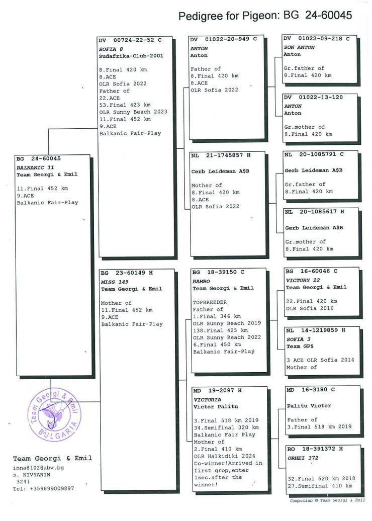11	Final (452 km) + 9 Ace-pigeon	TEAM GEORGI & EMIL & BOJKOVI	BG 60045